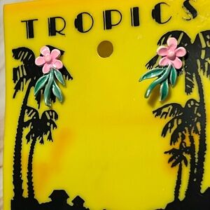 NOS Tropics Pink Tropical Flower Dainty Painted Enamel Stud Earrings (AA)